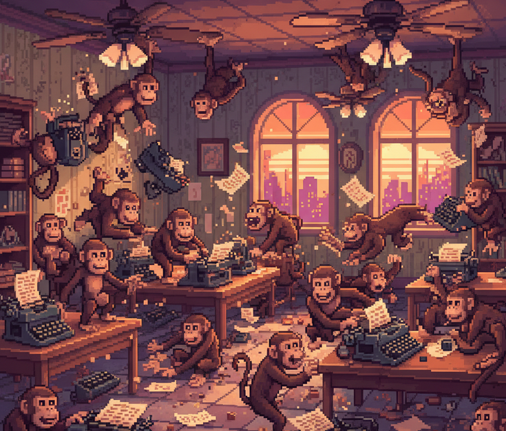 Pixel art illustration of many monkeys working on typewriters in an office